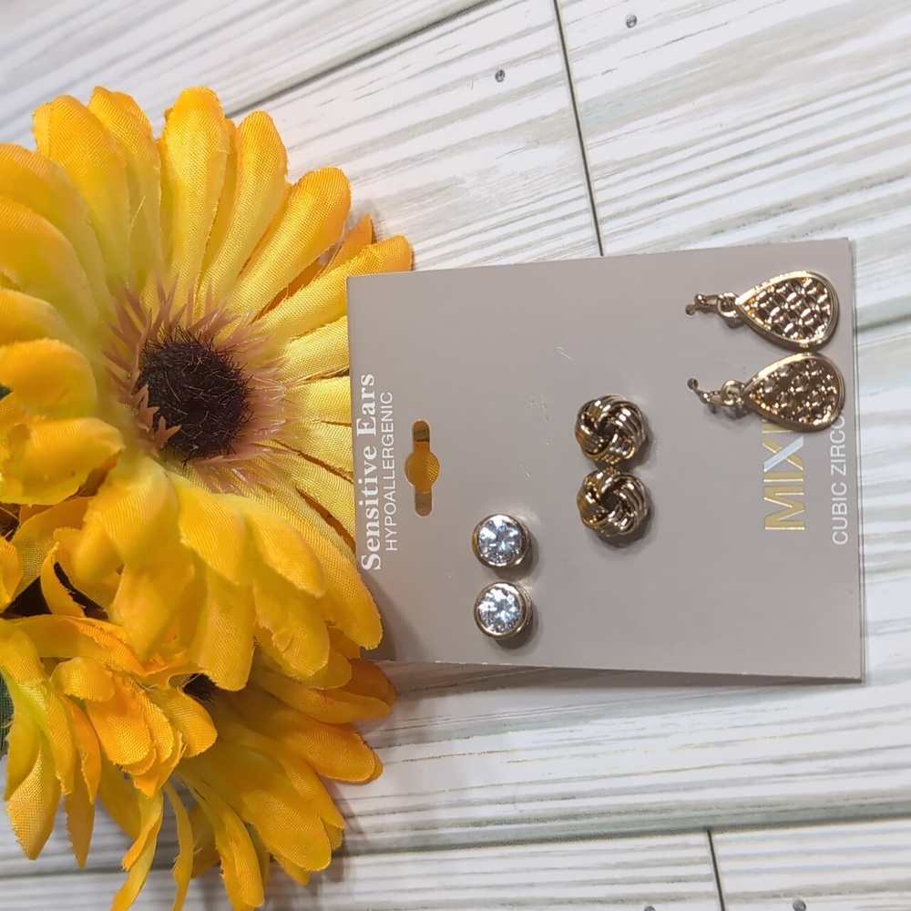 MIXIT Goldtone Trio Earrings Sensitive Ears Hypoallergenic Cubic Zirconia NWT